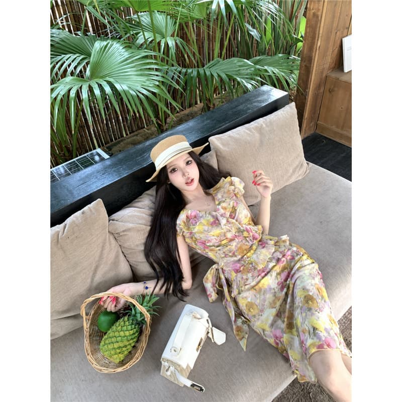 Xinkeda Monet Garden French Yellow Floral Ruffled Short Shirt Women Summer Half Skirt Set