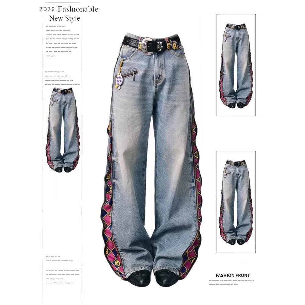 Zipper Plaid Wide Leg Jeans for Men 2026 Spring New Washed Distressed Straight Leg Pants Floor-Length Trousers