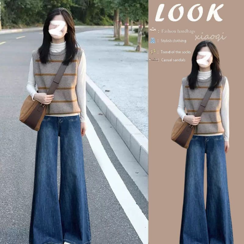 Women's Autumn Outfit Set 2024 New Korean Style Age-Reducing Fashionable Versatile Casual Vest Base Jeans Three-Piece Set