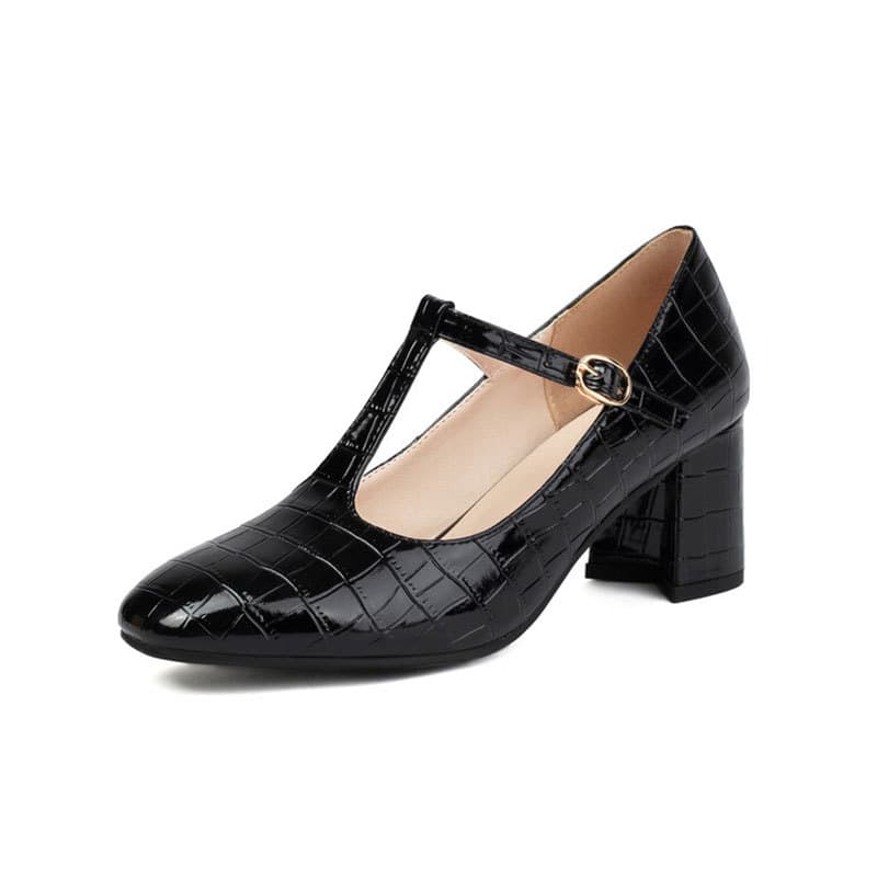 Cross-border Large Size Women's Mary Jane Shoes, Simple T-Strap Chunky Heel, Large Size Women's Shoes, Foreign Trade Flats, One-Piece Design