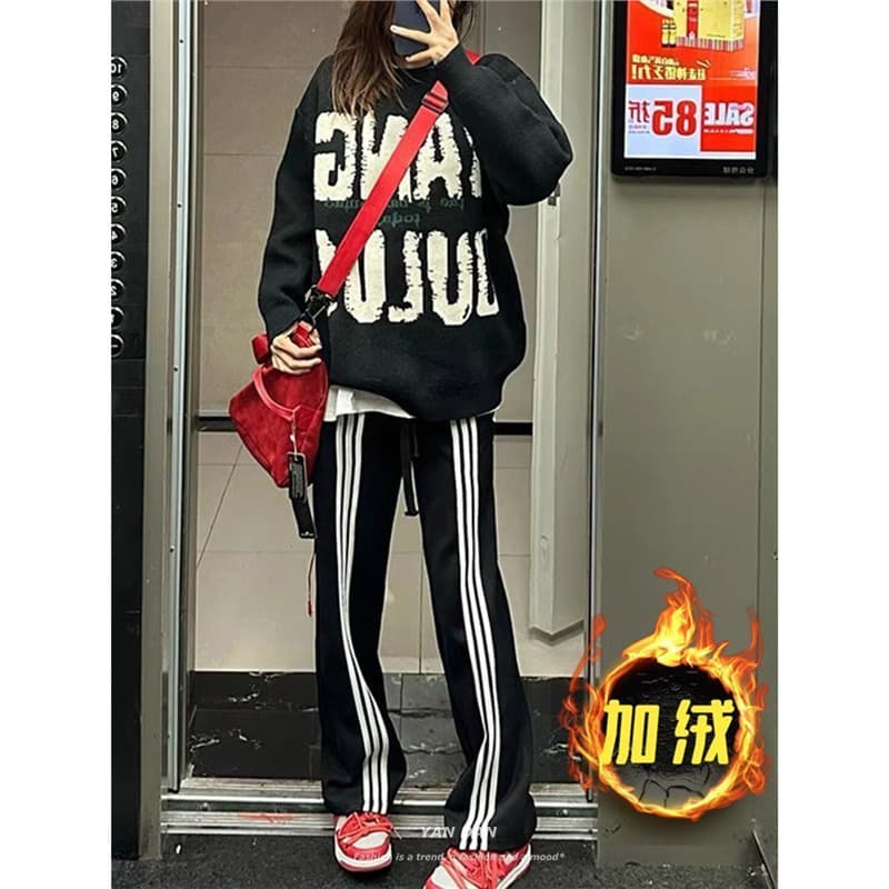 Korean Style Three-Stripe Sweatpants for Women 2024 Fall/Winter New Arrival Draped Straight-Leg Retro Loose Casual Pants