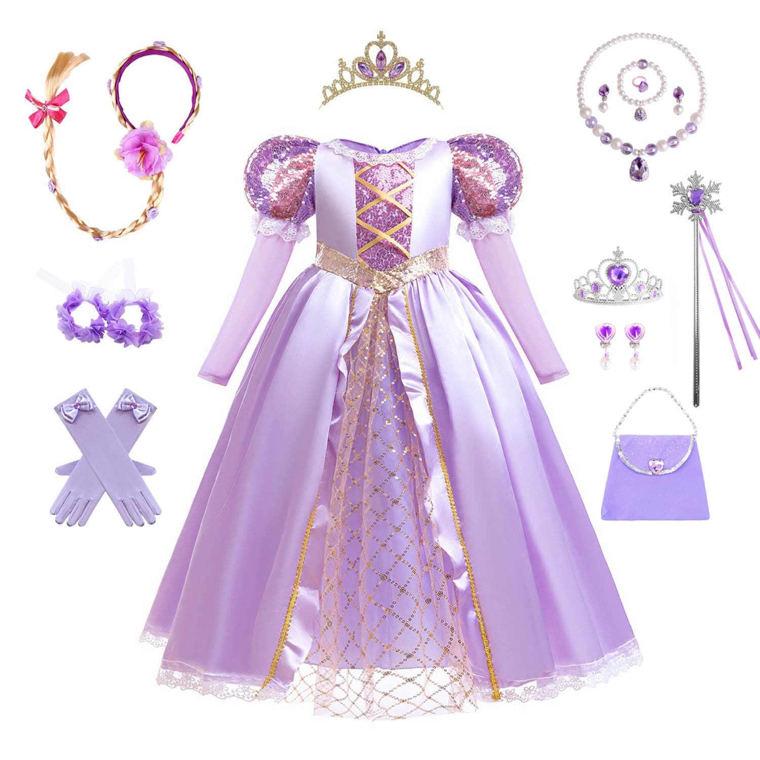 Cross-border Long Hair Princess Dress Rapunzel Sequins High-quality Gown Elsa Little Girl Autumn Dress Spring and Autumn RA90