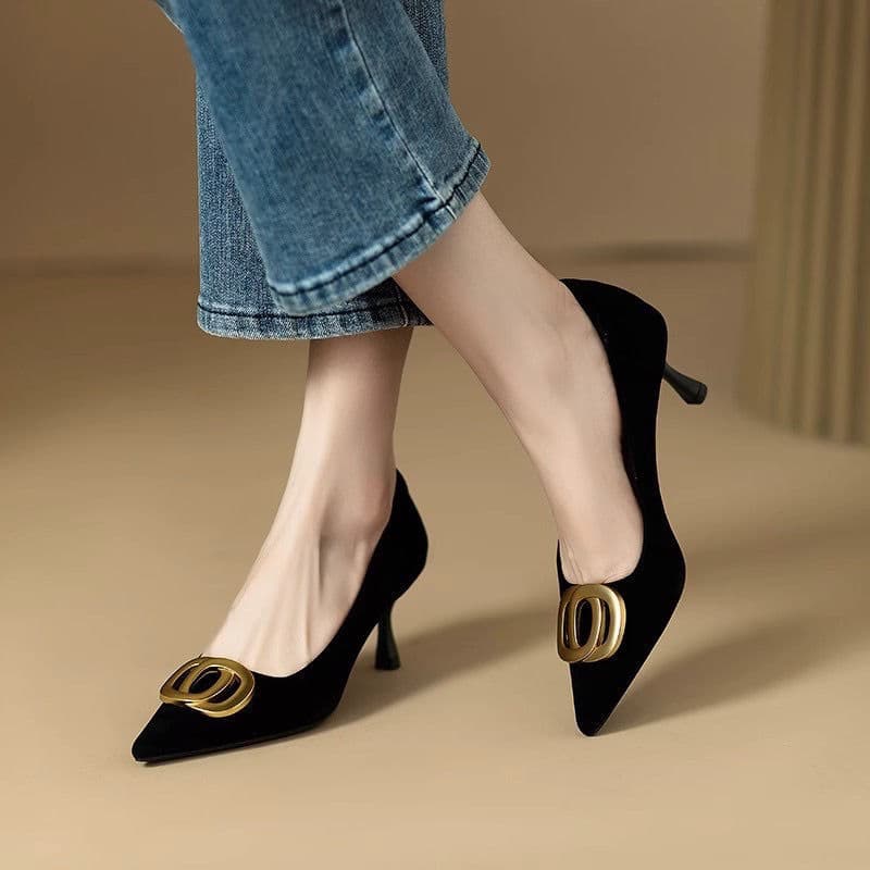 2026 Spring/Autumn French High Heels for Women, Pointed Toe, Shallow Mouth, Elegant, Black, Commuting, Mid Heel, Professional Stiletto Heel Work Pumps