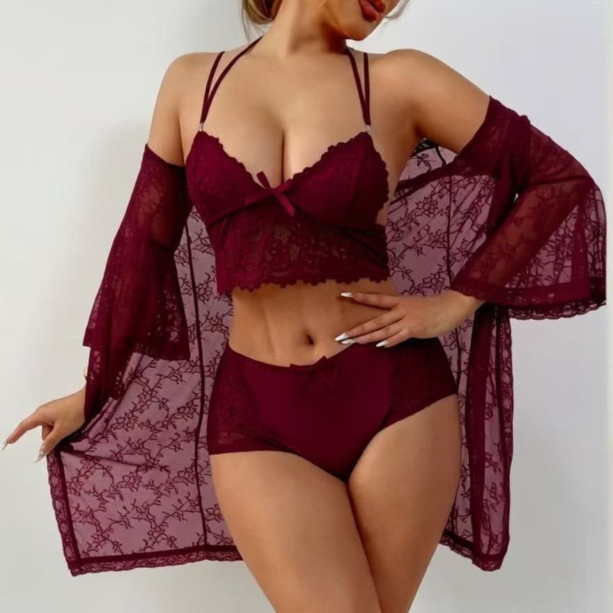 Cross-border Trade New Lingerie Women Summer Plus Size Lace Robe Transparent Sleepwear Sexy Lingerie Three-piece Set