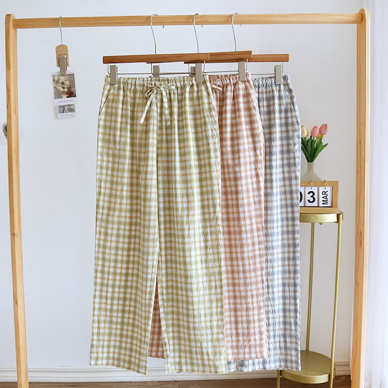 Spring and Autumn Couple's Cotton Elastic Waist Home Trousers, Women's Japanese Plaid Gauze Elastic Waist Pajama Pants, Casual Men's Loose Fit