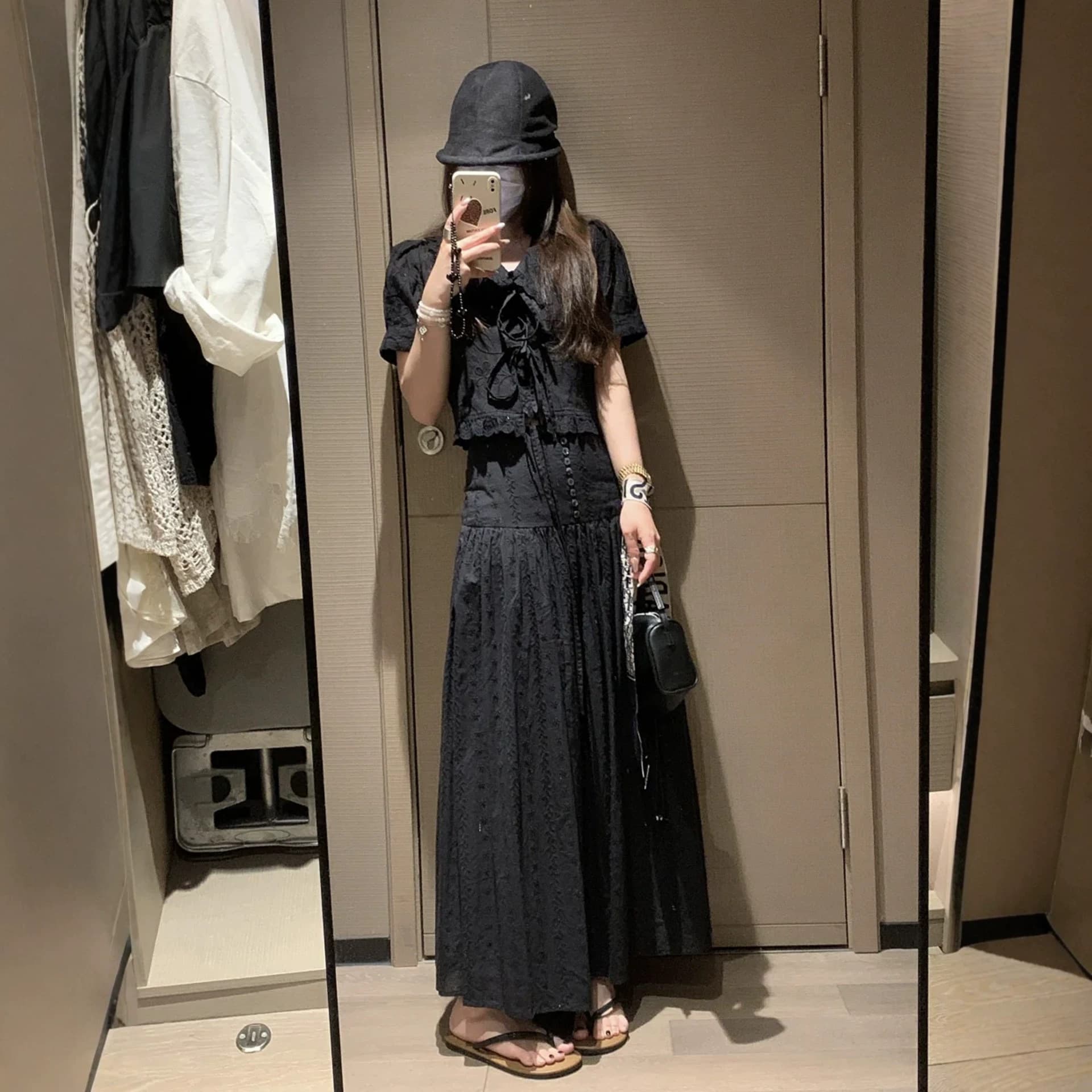 2026 Summer Unique and Stunning Women's Set: Black Lace Embroidered Puff Sleeve Blouse and Midi Skirt