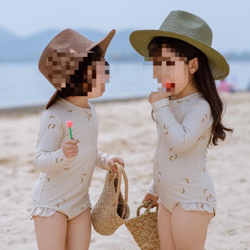 Girls' Summer Onesie Long-Sleeved Swimsuit Baby Beach Sun Protection Swimming Floral Trim Cute Swimsuit 0198A082