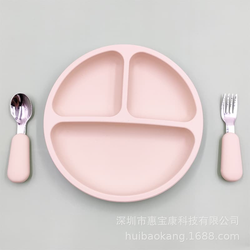 Cross-border Silicone Suction Cup Round Plate, Kids Baby Food Feeding Set, 316 Stainless Steel Short Handle Fork and Spoon, Snack Plate
