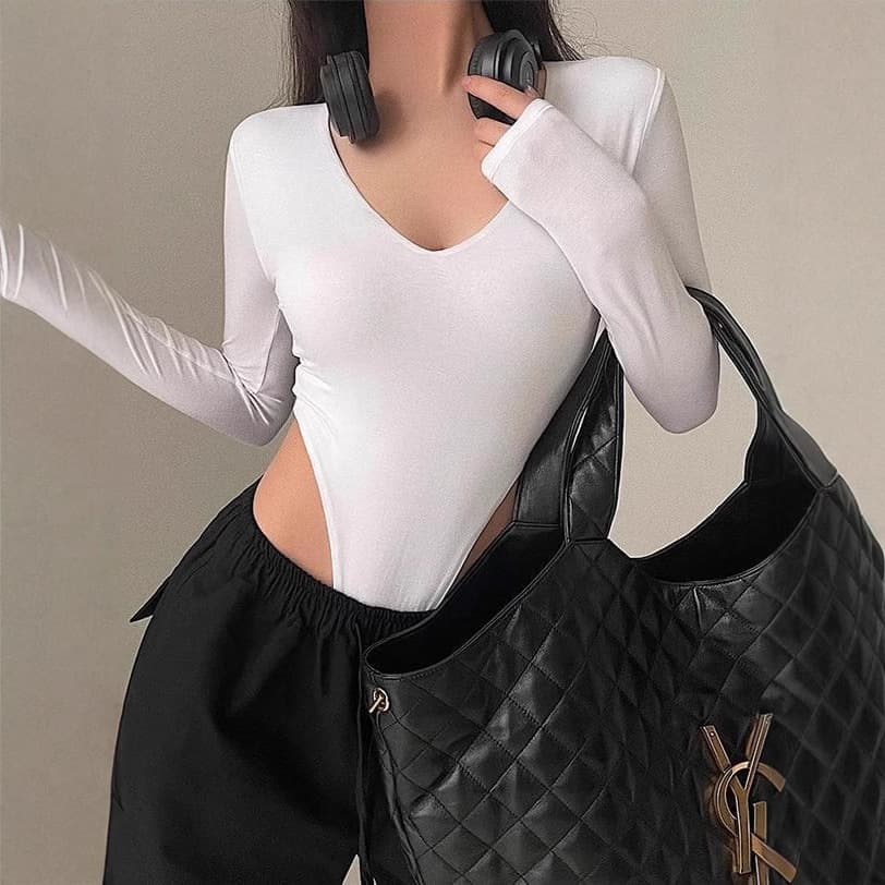 Hot girl sexy V-neck elastic tight slimming long-sleeved solid color bottoming jumpsuit T-shirt top for women 2025 spring and autumn