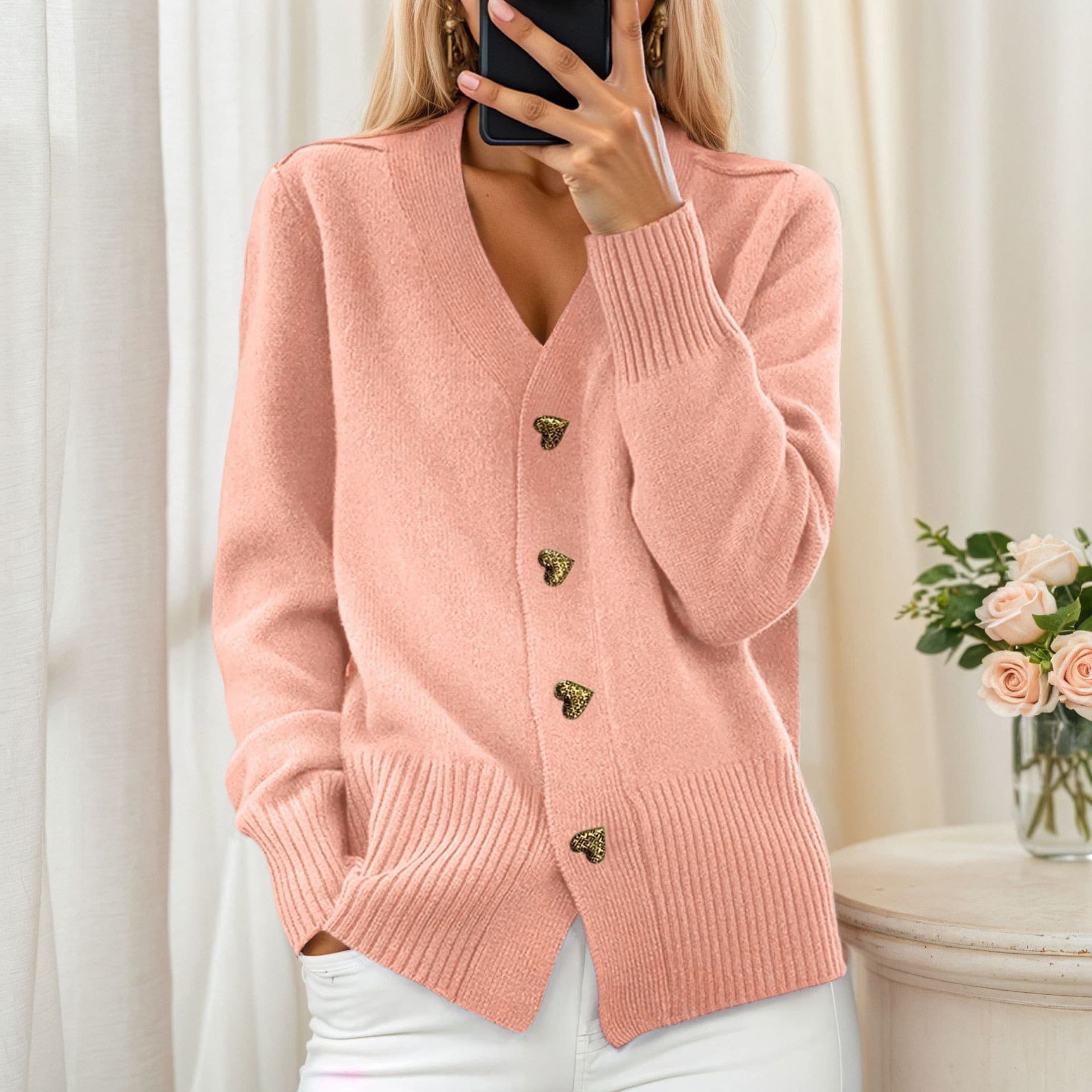 Amazon foreign trade women's autumn and winter new solid color long-sleeved V-neck knitted cardigan love breasted sweater jacket for women