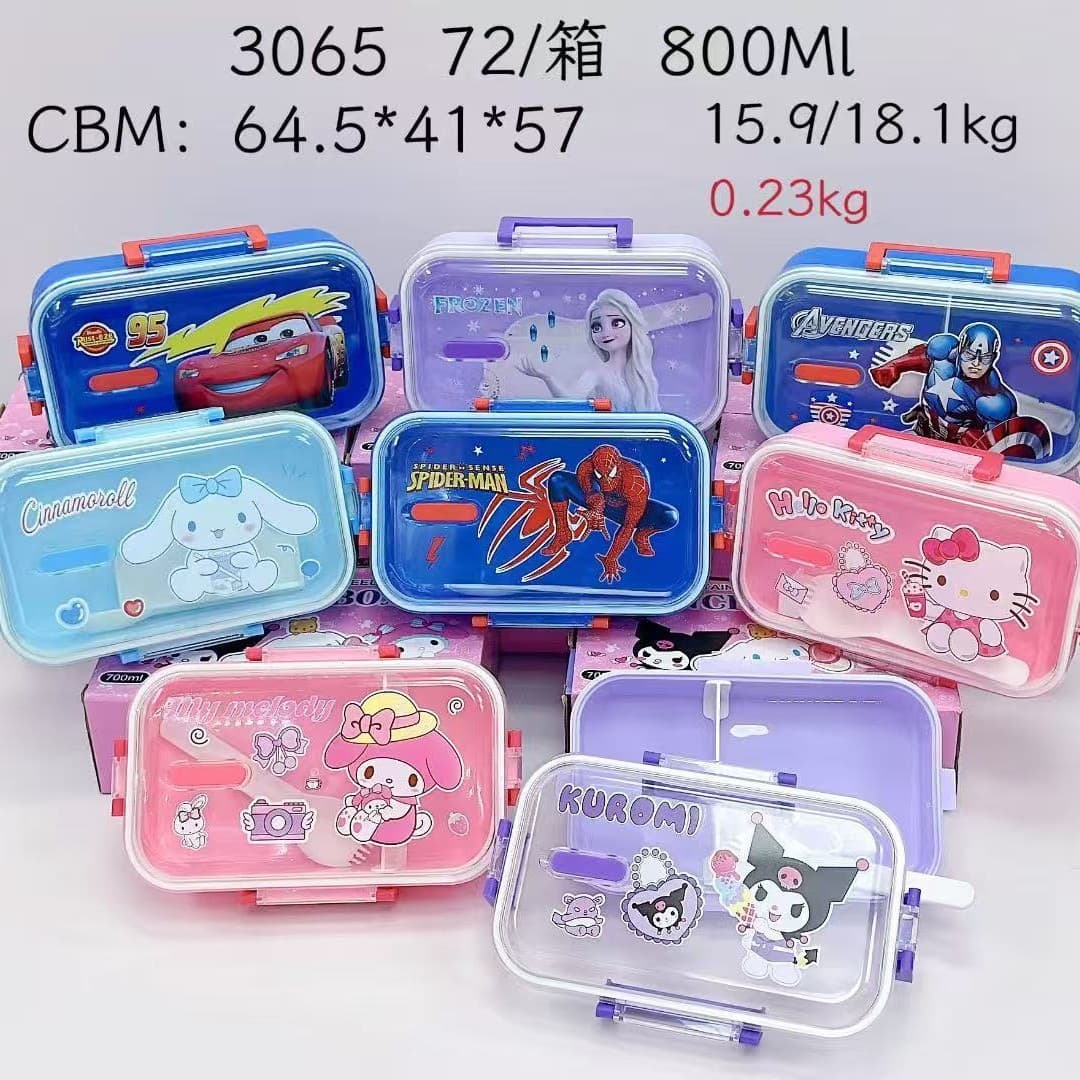 New cartoon 3065 square two-compartment lunch box for students going out, large capacity lunch box with spoon