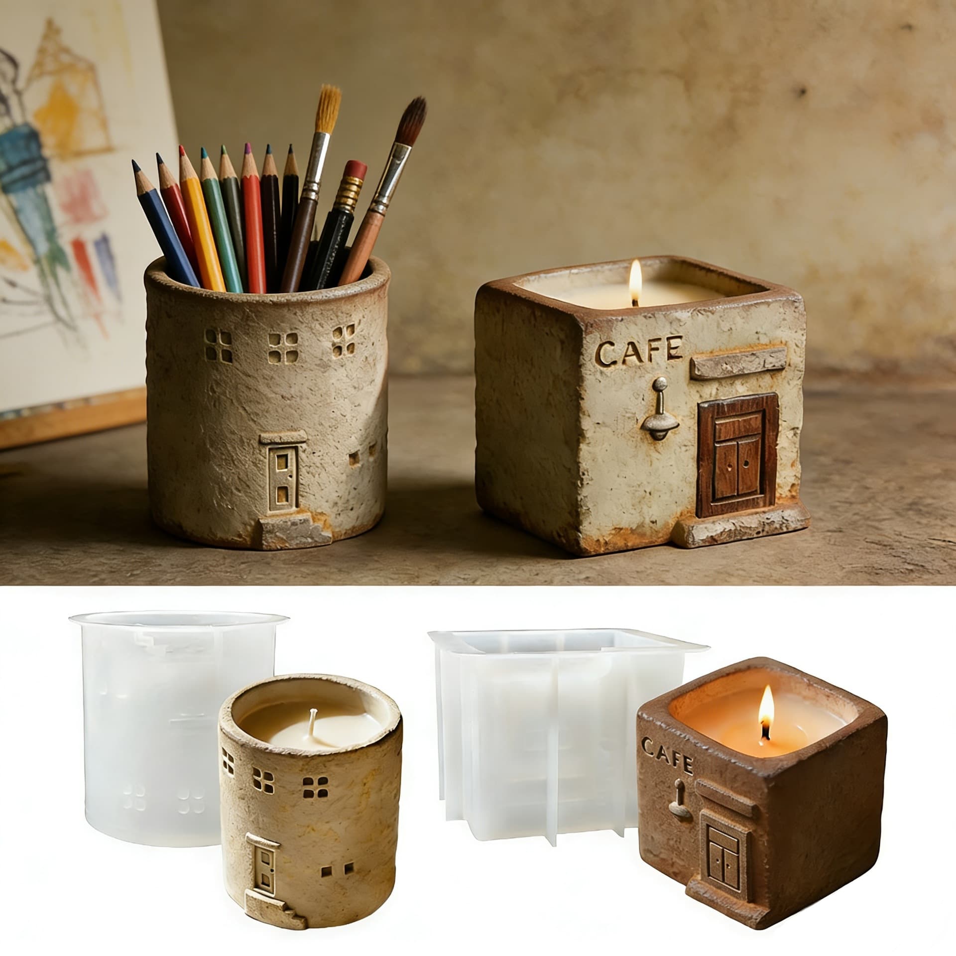 Cross-border Minimalist House Silicone Mold DIY Decorative Storage Ornament Plaster Flower Pot Pen Holder Candle Cup Mold