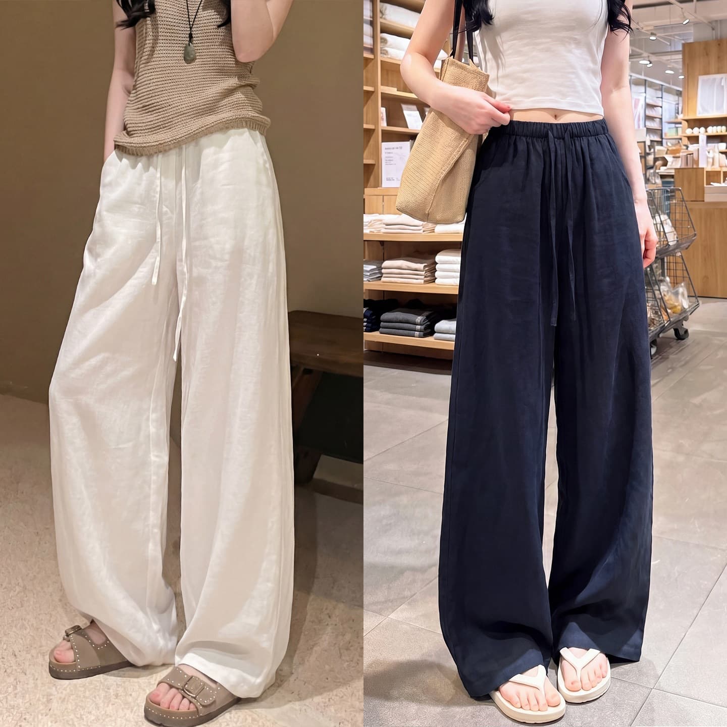 Navy Blue Cotton-Linen Wide-Leg Pants for Women, Summer Thin Style, Loose and Relaxed, Old Money Style, Narrow Straight-Leg Linen Pants