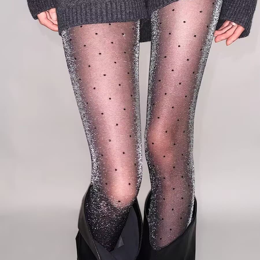 Pearlescent Glitter Silver Thread Polka Dot Sheer Black Stockings Pure Desire Ins Thin Sexy Polka Dot Pantyhose