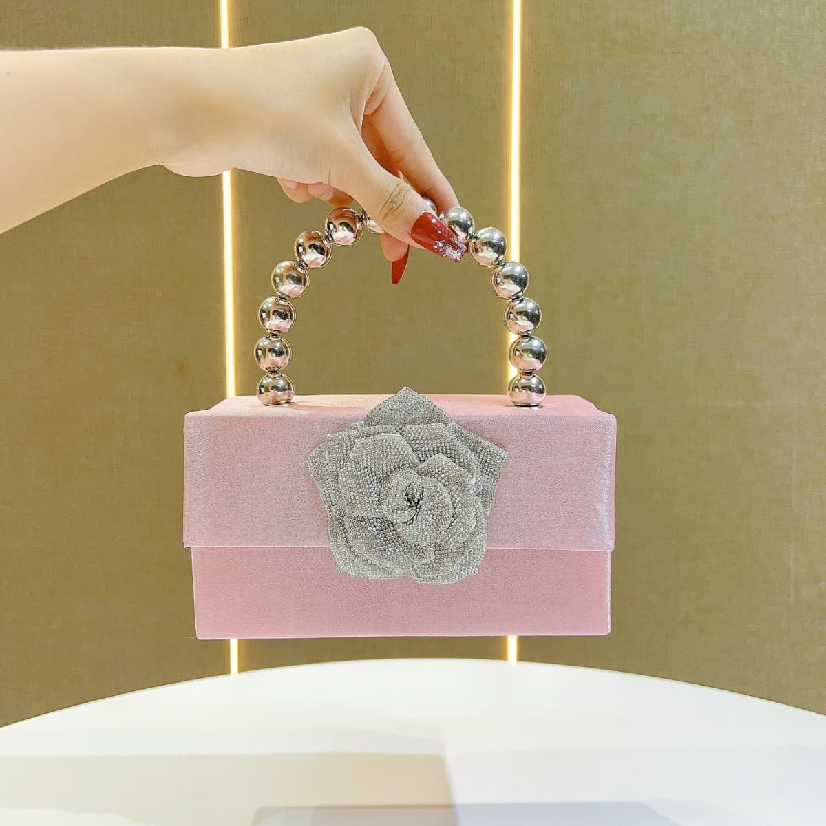 Chanel Style Diamond-encrusted Flower Sequin Small Square Bag Banquet Pearl Box Hand Crossbody Bag Single Shoulder Evening Bag Light Luxury