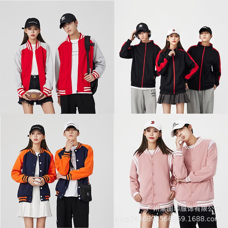 Color-blocked couple's anti-pilling Siro-spun thickened composite polar fleece raglan sleeve zipper baseball jacket with printed design