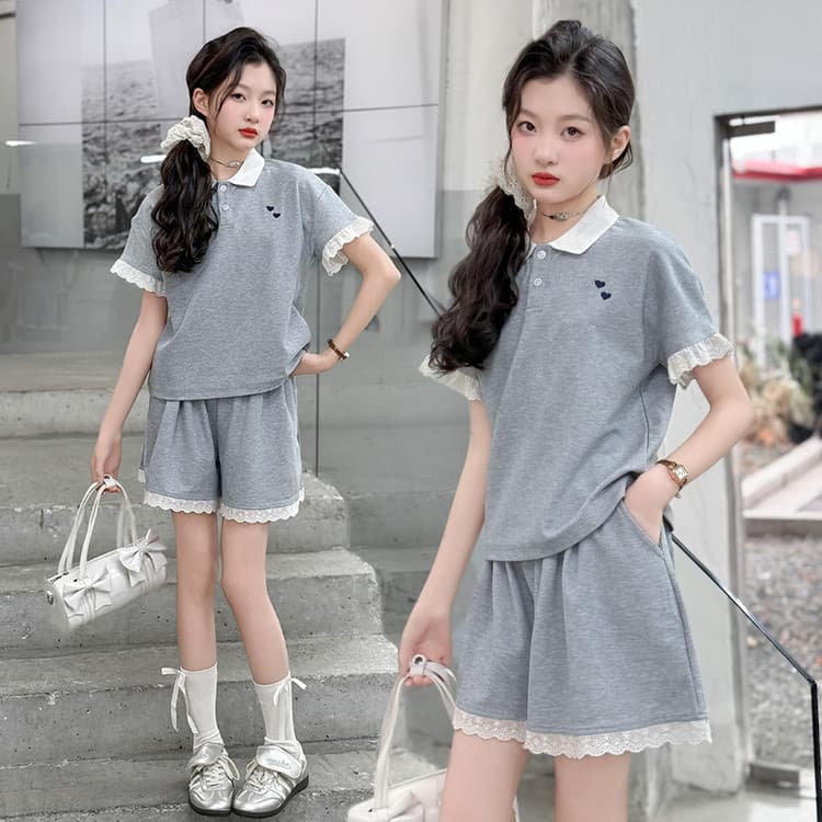 Girls' Sport Set 2025 Summer New Arrival Kids Korean Style Lace Trim Polo Two-Piece Set Trendy Summer Clothing