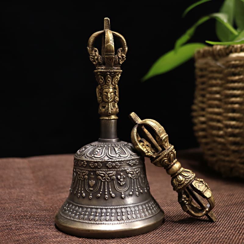 Nepal Handmade Singing Copper Vajra Bell Vajra Pestle Land and Water Ceremony Supplies Tibetan Bell Five-Prong Vajra Pestle Ritual Instrument Shaking Bell