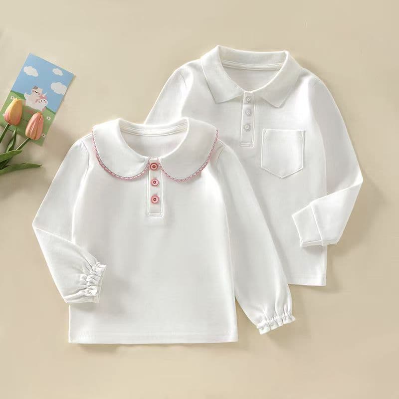 New children's spring and autumn solid color polo shirt, collared undershirt, pure cotton white shirt, long-sleeved T-shirt for medium and large children.