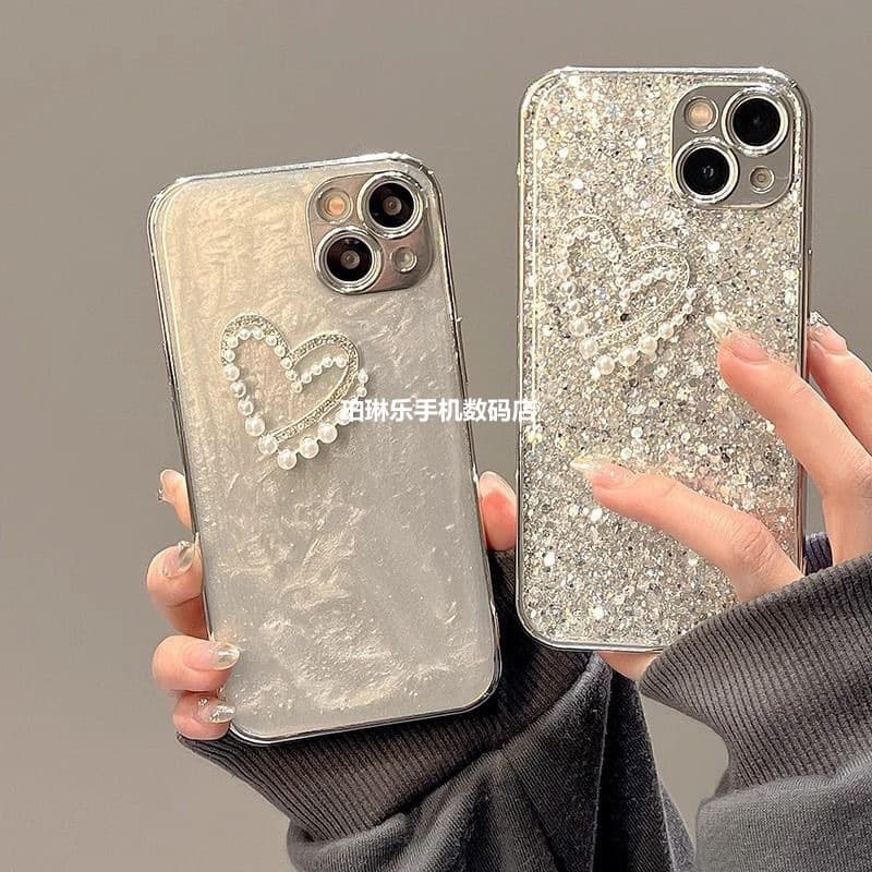 17air Luxury Style Compatible with OPPO A/APRO Pearl Heart Electroplated Resin Glitter Vivo S/ Phone Case Trendy