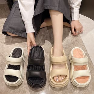 Cross-border Double Strap Thick Sole Flip Flops for Women Summer New EVA Heightening Versatile One-Strap Beach Sandals Factory Wholesale