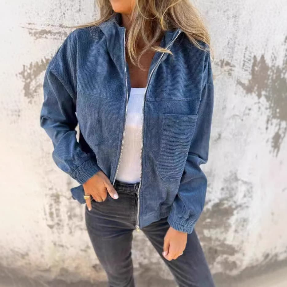 2024 Cross-border E-commerce Solid Color Corduroy Hooded Jacket for Women, European and American Simple Style with Pocket Patchwork