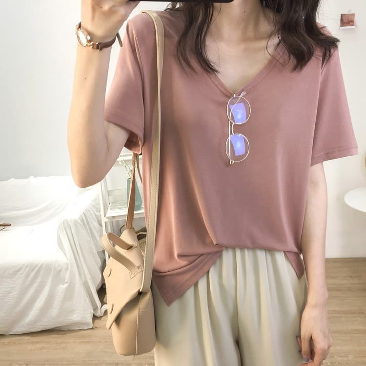 2025 Short Sleeve Women's T-Shirt Ins Fashion V-Neck Top New Summer Trendy Slimming