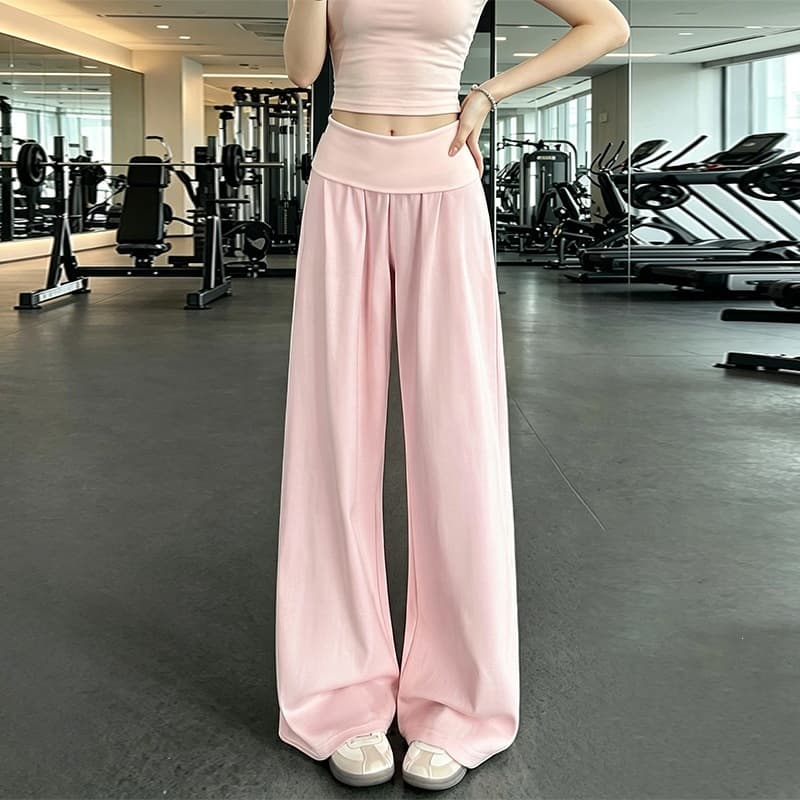 Women's Pink Yoga Fitness Pants, Summer Thin Style, Lazy Low-Rise Straight Wide-Leg Pants, Fold-Over Waist American Sport Pants