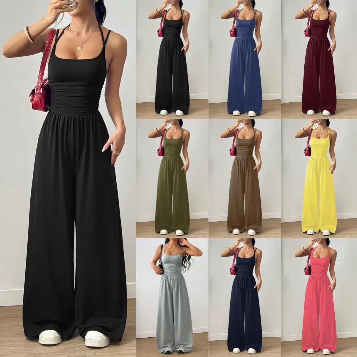 2026 New Summer Women's Camisole Jumpsuit for Amazon Cross-Border Sales, Casual Wrap Style with Loose Wide Legs