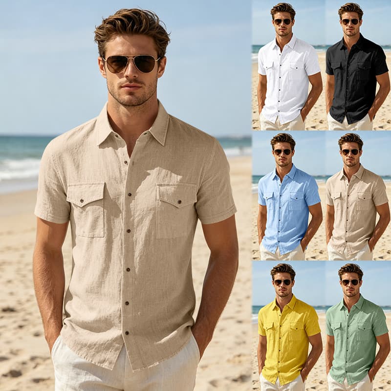 Amazon Cross-Border New Hot-Selling Men's Solid Color Lapel Cardigan Linen Loose European Size Casual Long-Sleeved Shirt for Men