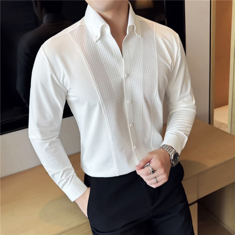 2024 Autumn/Winter Men's Personalized Patchwork V-Neck Long-Sleeve Shirt, Slim Fit Stretch Draping Seamless Collar Shirt