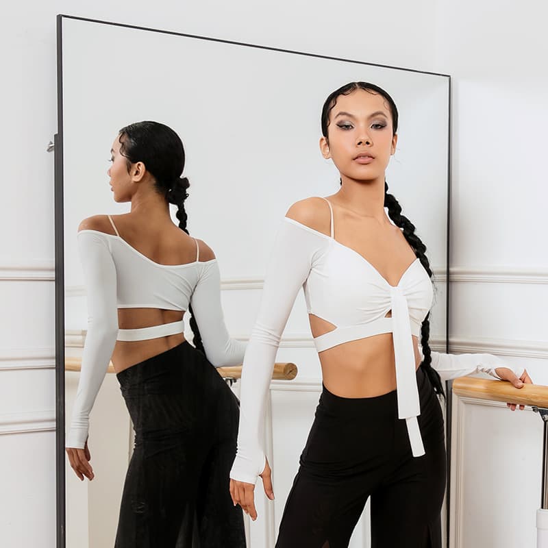 One-Shoulder Halter Top Latin Dance Costume Women Adult with Padded Bra Ballroom Dance Long Sleeve High-End Practice Wear
