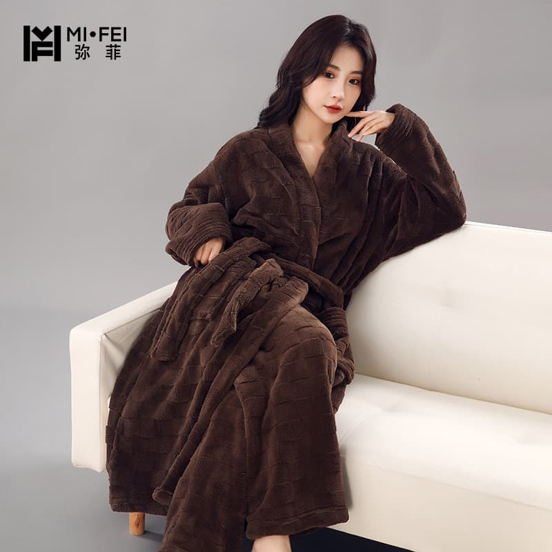 Foreign Trade Taffeta Bathrobe Set for Home Use, Couple Style, Long-Sleeved, Warm Loungewear, Thick Absorbent Bath Towel
