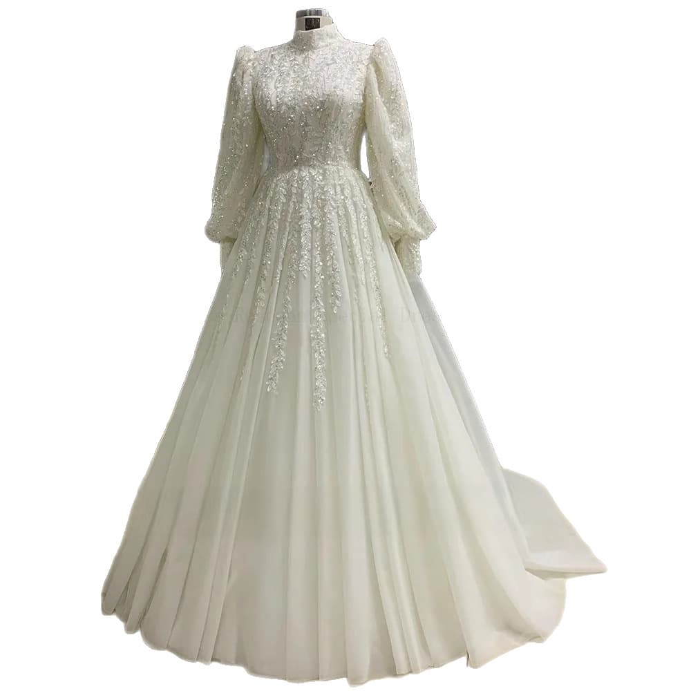Wedding Dress High Neck Long Sleeve Lace Beaded Small Train Wedding Dress Modest Wedding Dress Factory Direct