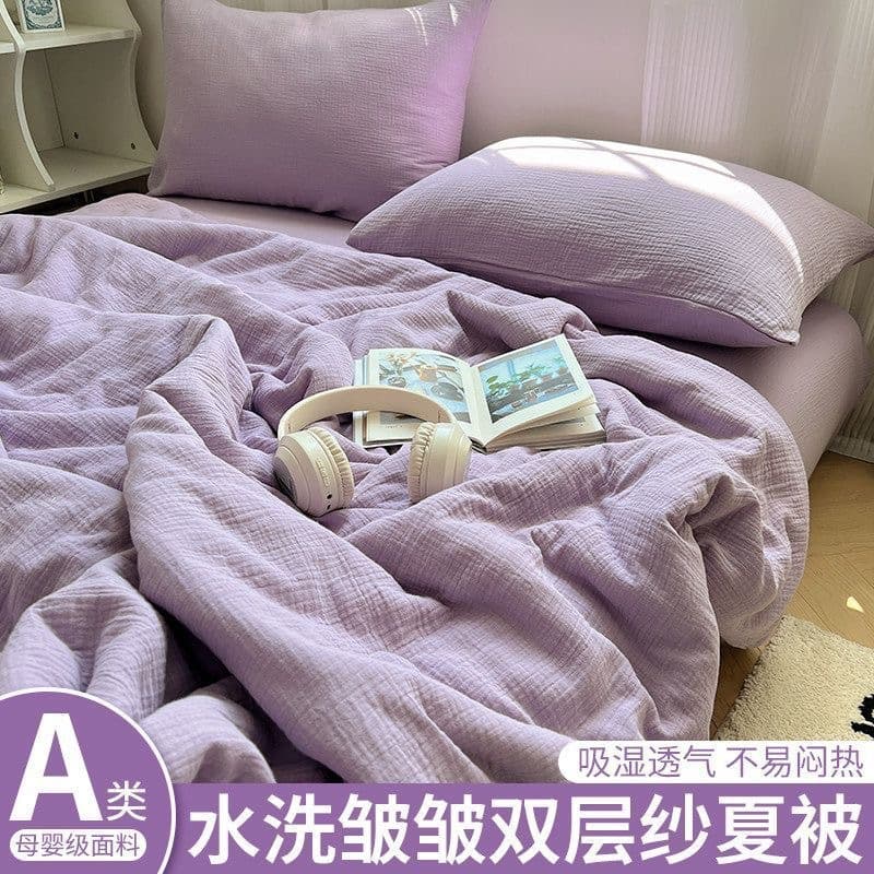 Class A Baby Solid Color Crinkled Gauze Washed Cotton Summer Quilt 4-Piece Set Lightweight Summer Blanket Air Conditioning Blanket Machine Washable Thin Blanket