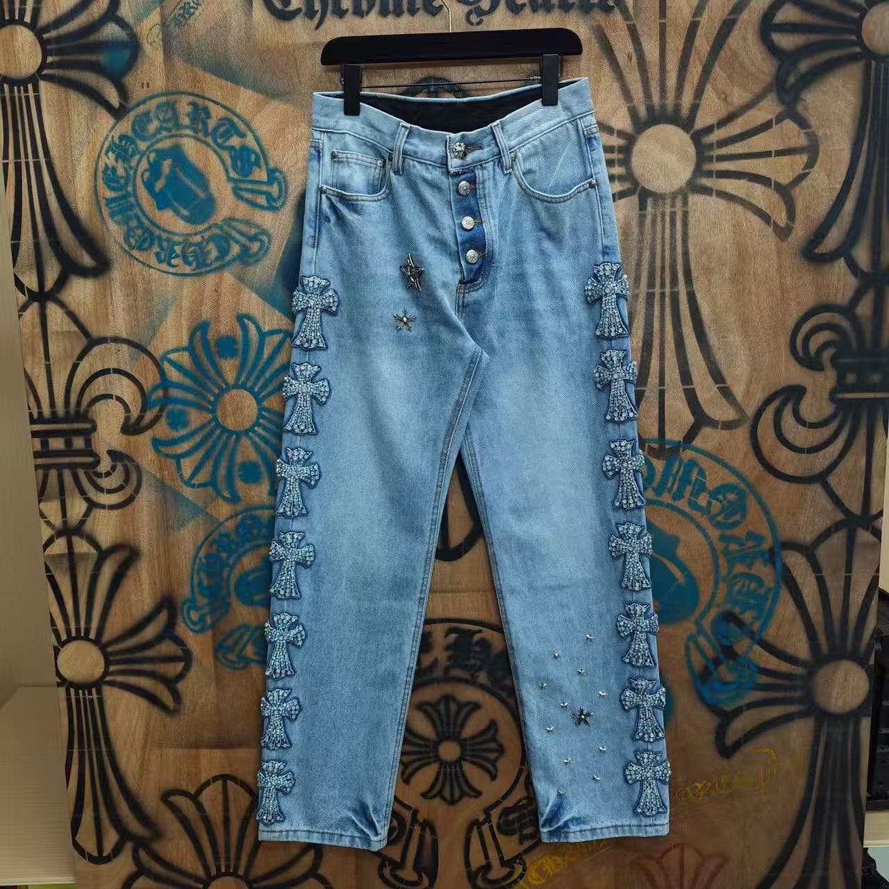 Trendy brand cross-border American correct version CH original Cro cross diamond straight silver-plated jeans for men and women