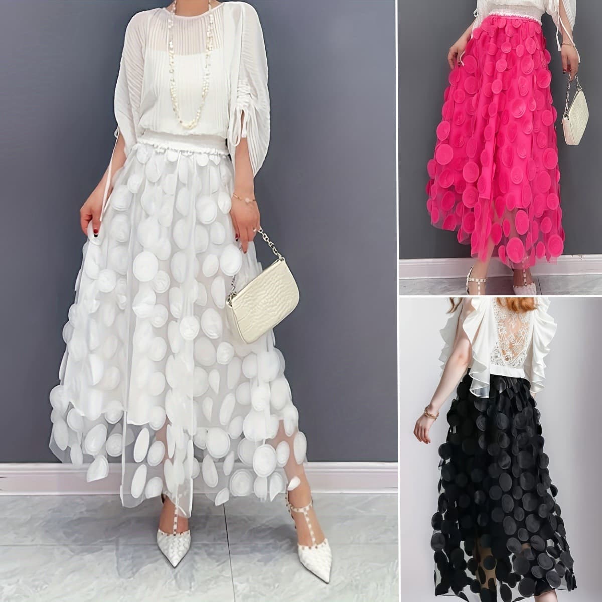 European and American Cross-Border Hot-Selling Spring and Summer 3D Decorative Patchwork Mesh Women's Midi Skirt with Lining