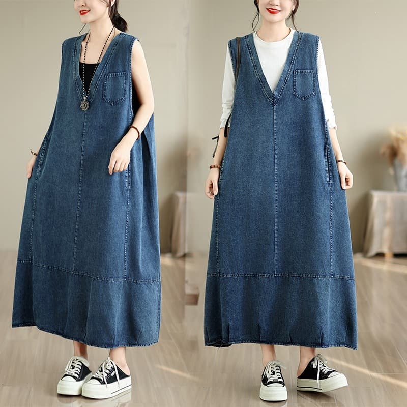 Literary large size V-neck loose Korean style long denim vest dress loose denim vest dress for women
