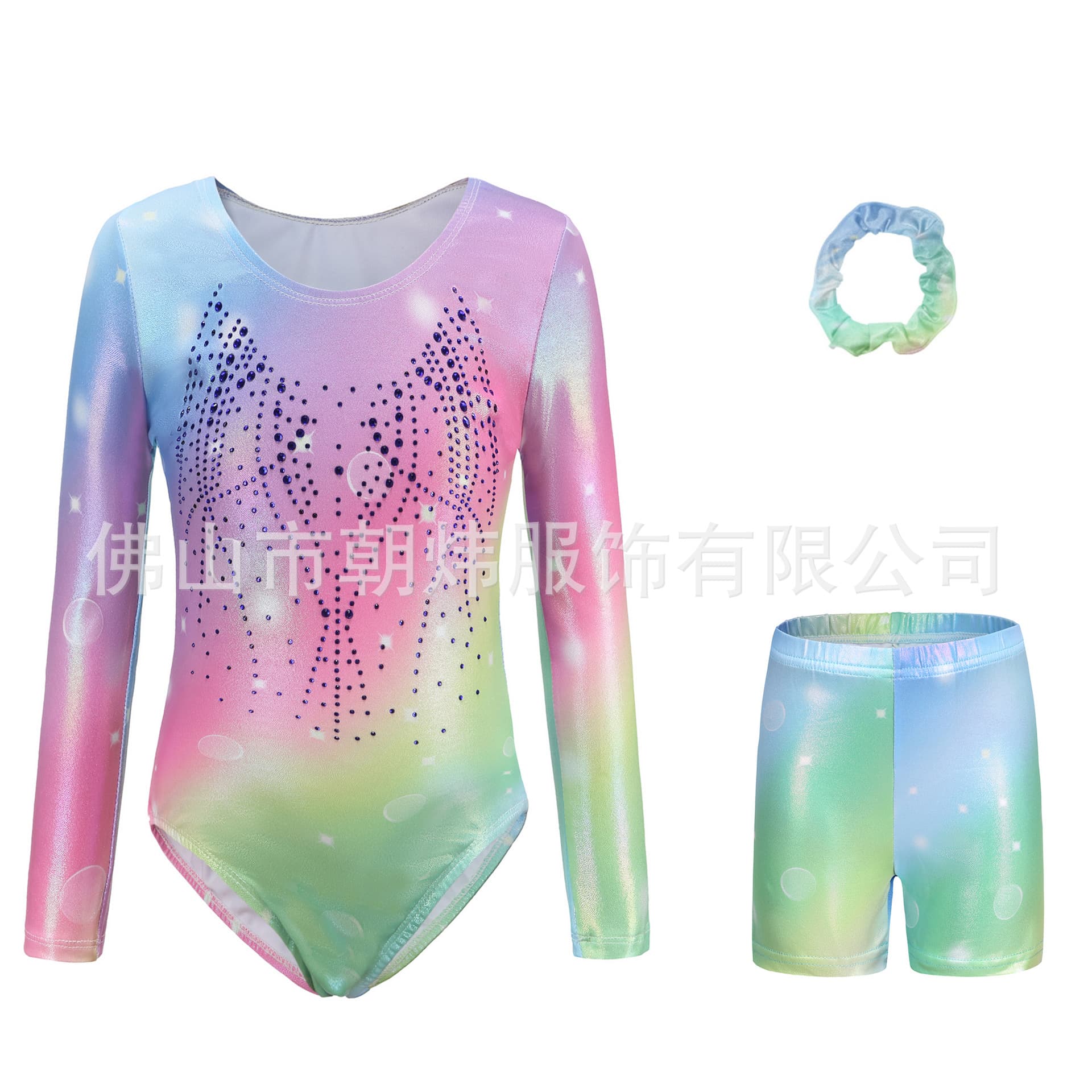 Rainbow Girls Gymnastics Leotard with Gold Foil Print, Children's Dancewear Performance Outfit, Tight Fit Training Suit Set
