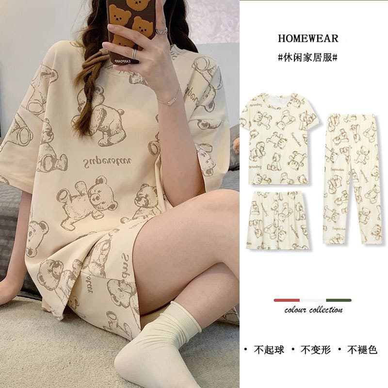 Women's Summer Pajamas Short Sleeve Cartoon Cute Teddy Bear Print Casual Homewear Three-Piece Set, Suitable for Outdoor Wear