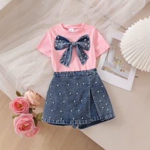 Baby Clothing Kids Set Children Outfit Pink Top + Denim Skirt