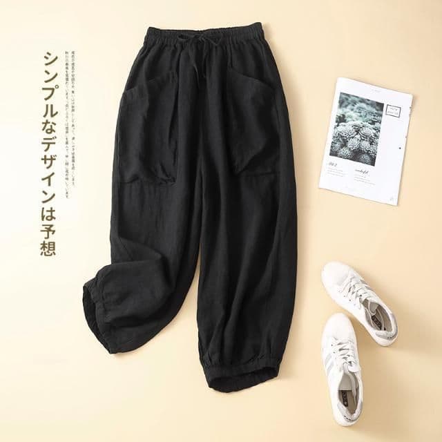 Summer new versatile cotton and linen nine-point harem pants with elastic waist and pocket design casual pants, loose and flesh-covering women's clothing
