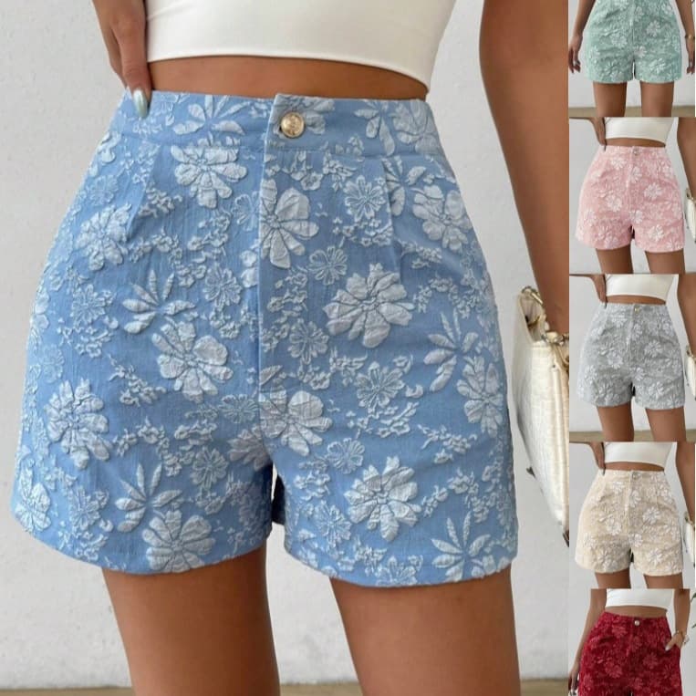 2026 Summer New High-Waist Jacquard Shorts 3D Embossed Floral Wide-Leg Pants Slimming and Heightening Essential