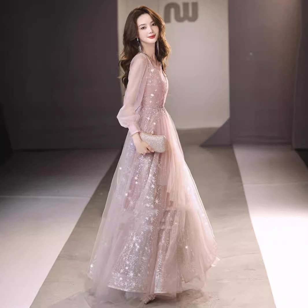 Pink Evening Gown for Women, Banquet Elegant Luxury Niche Host Performance Dignified Long Sleeve Annual Meeting Evening Dress