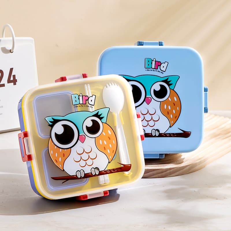Cartoon square children's lunch box microwave oven with cutlery dip box salad box cross-border divided portable lunch box