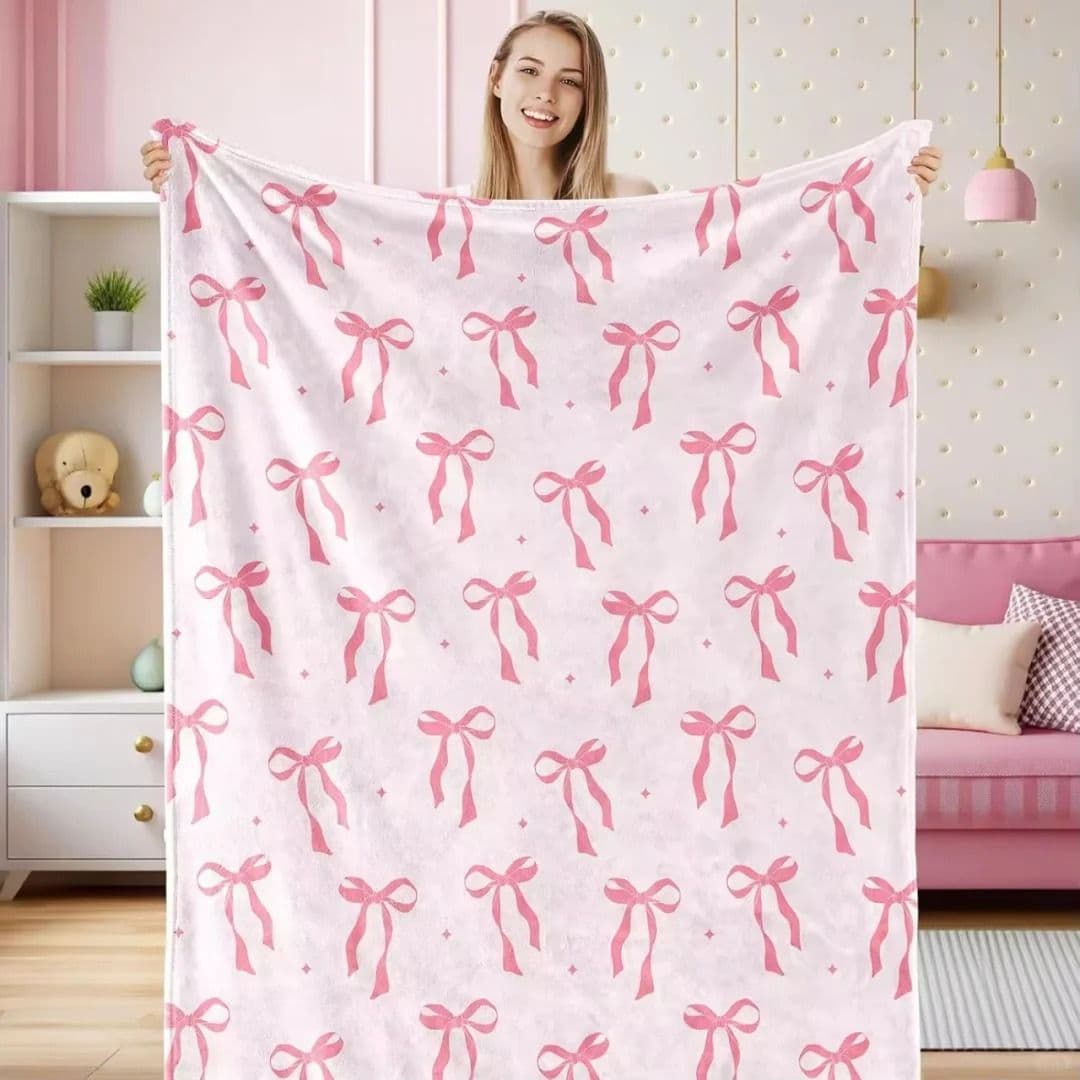 Cute bow printed pink blanket Korean style ins flannel blanket nap shawl air conditioning blanket leg blanket