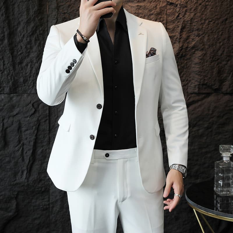 Men's White Two-Button Wedding Suit Set Slim Fit Solid Color Two-Piece Business Formal Wear Plus Size