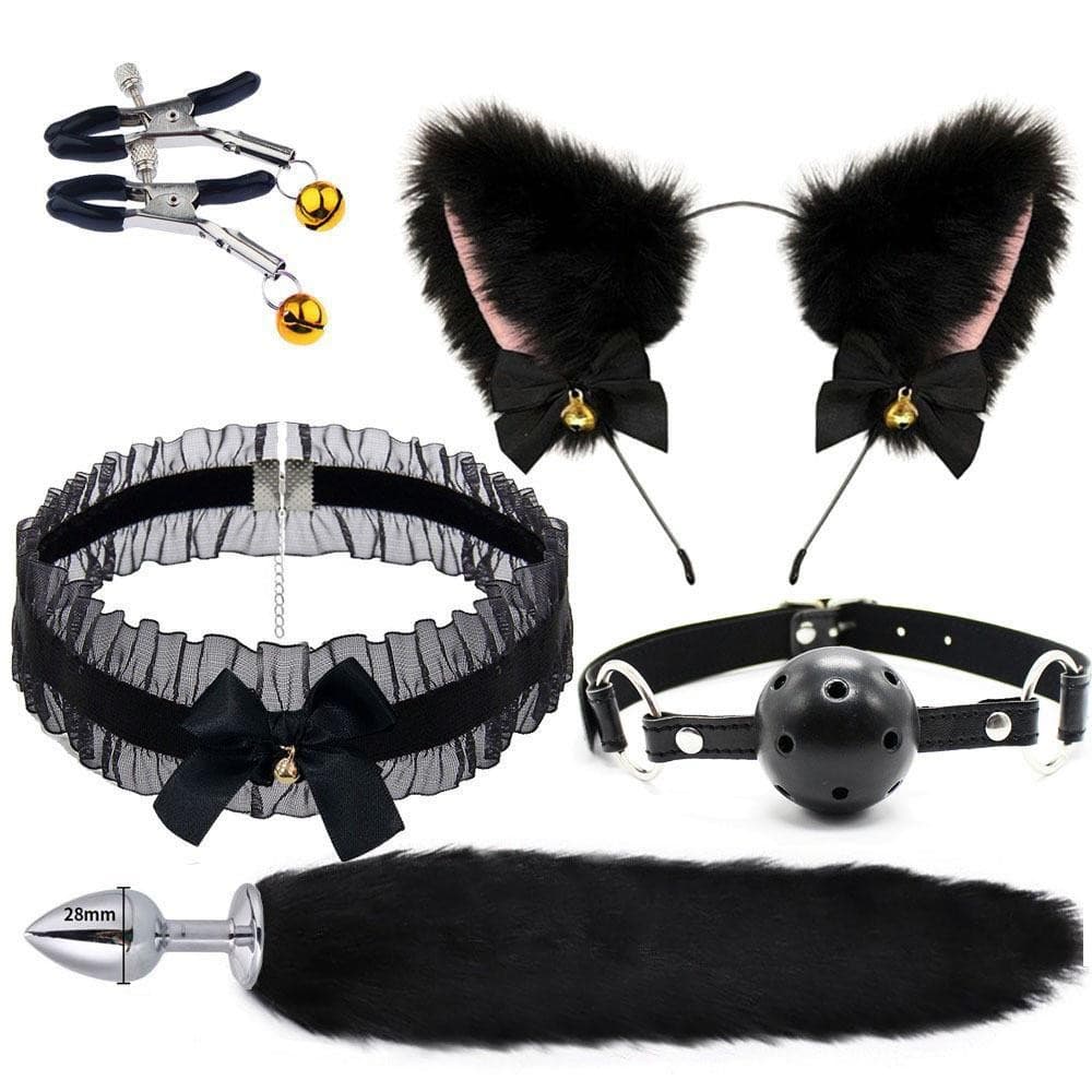 Sexy three-piece suit, anal plug, male and female utensils, sex supplies, sm metal sex suit, fox tail