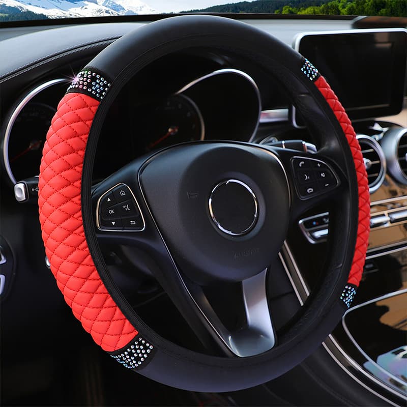 Stitching Diamond Embroidered Leather Car Steering Wheel Cover without Inner Ring Interior Decoration Suitable for 14.5-15 Inch Women
