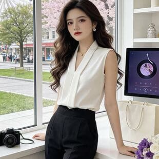 V-Neck Sleeveless Blouse for Women, New Spring/Summer Style, Inner Layer for Suits, Solid Color Chiffon Vest
